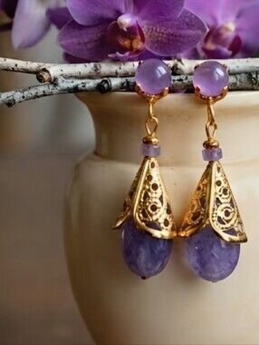 Genuine Lavender Jade Stones In Gold Plated Filigree Earrings